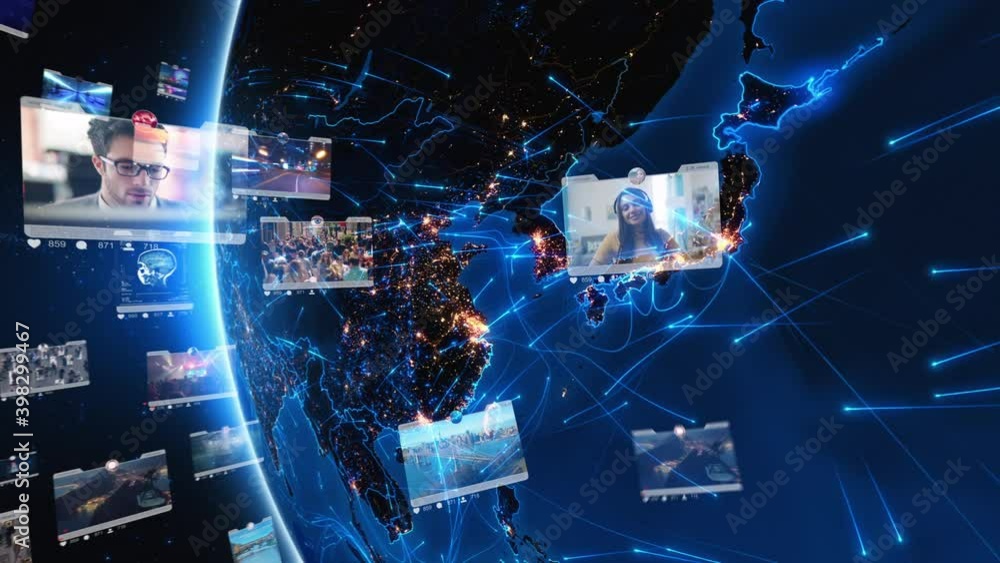 Blue rotating Earth with bright connections and social media interfaces. Futuristic and connected world with augmented reality elements. Asia map with city lights.
