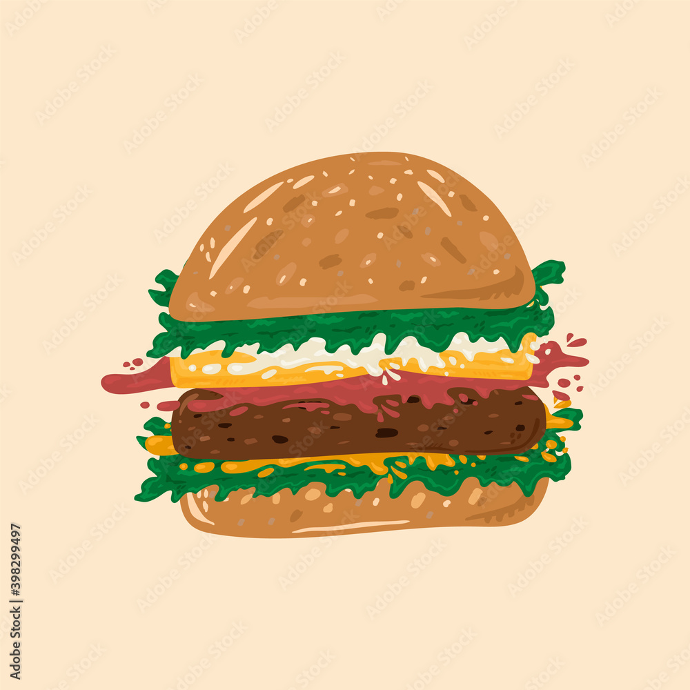 Illustration Of A Hamburger. Cute fast food American food. Vector bun with cutlet sauce, ketchup, cheese, herbs and mustard drawn by hand. Picture hot sausage, sandwich, beef, hamburger, meat cutlet Illustration Of A Hamburger. Cute fast food American food. Vector bun with cutlet sauce, ketchup, cheese, herbs and mustard drawn by hand. Picture hot sausage, sandwich, beef, hamburger, meat cutlet