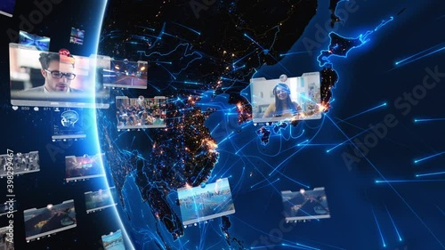 Blue rotating Earth with bright connections and social media interfaces. Futuristic and connected world with augmented reality elements. Asia map with city lights. photo