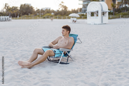 young man on the beach in Miami. Vacation in Miami.