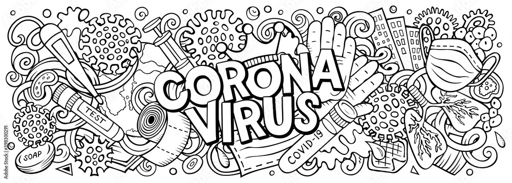 Coronavirus hand drawn cartoon doodles illustration. Colorful raster banner