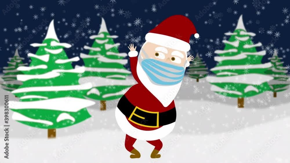 Seamless looping dancing masked cartoon Santa with bell and bag in snowy forest Seamless looping dancing masked cartoon Santa with bell and bag in snowy forest