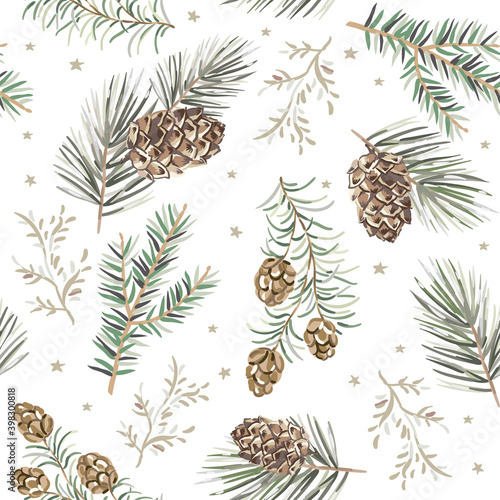Christmas seamless pattern, cones, green pine, fir twigs, white background with stars. Vector illustration. Nature design. Season greeting. Winter forest. Xmas holidays