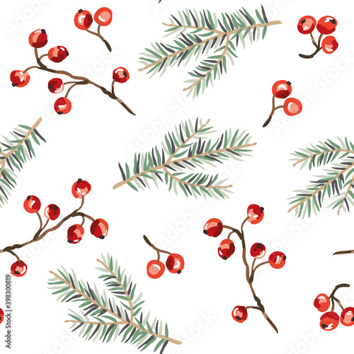 Christmas seamless pattern, red berries, green fir twigs, white background. Vector illustration. Nature design. Season greeting. Winter forest. Xmas holidays