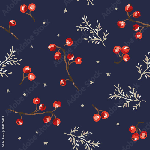 Christmas seamless pattern, red berries, twigs, stars, dark blue background. Vector illustration. Nature design. Season greeting. Winter forest. Xmas holidays