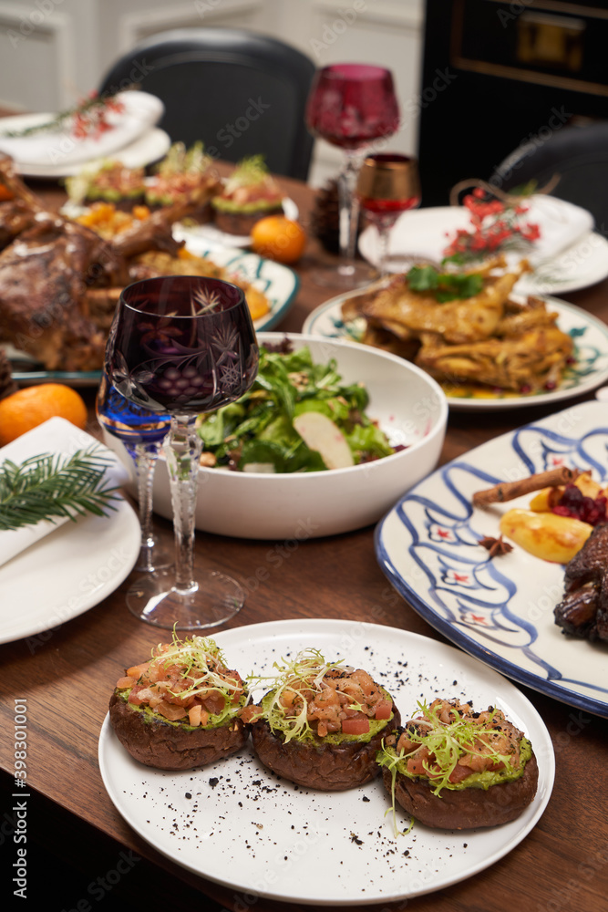 Christmas table setting. Xmas and New Year dinner table
