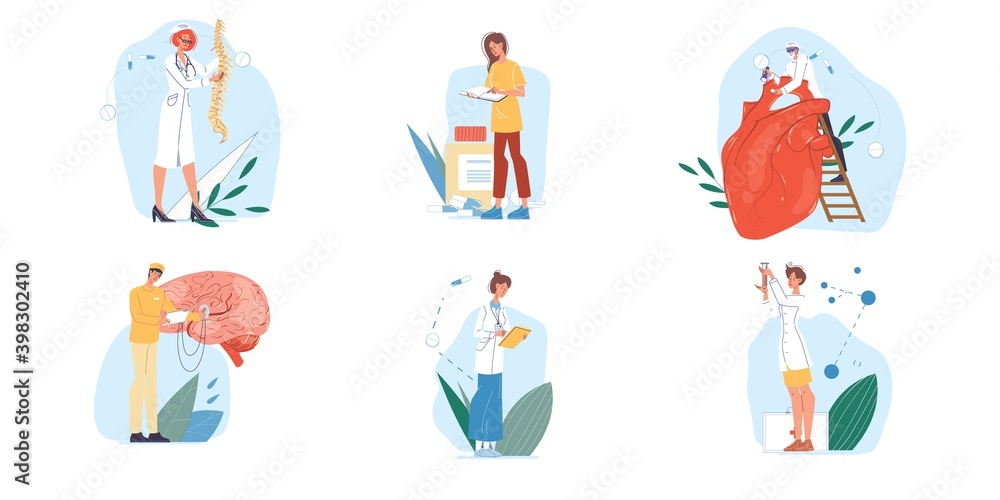 Fototapeta premium Set of cartoon flat doctor characters and nurses in uniform,laboratory coats with medical devices and internal organs-medic team,various poses and persons