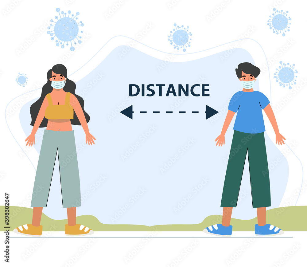 Cute cartoon vector of Social distancing. Man and woman keep distance in public society people to protect from COVID-19 coronavirus outbreak spreading concept Cute cartoon vector of Social distancing. Man and woman keep distance in public society people to protect from COVID-19 coronavirus outbreak spreading concept