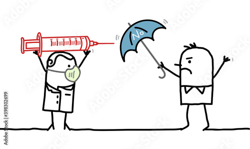 Cartoon Doctor with Syringe and Man who doesn't want the Vaccine