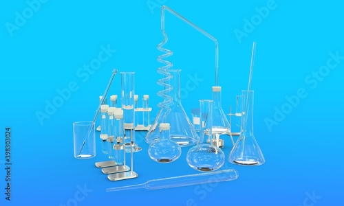 3D illustration of objects - laboratory test-tubes with various medical glassware empty isolated on blue background - college concept background © Dancing Man