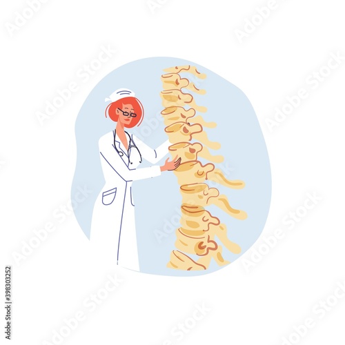 Cartoon flat doctor characters in uniforms,lab coats with medical devices and symbols-spine disease treatment and therapy concept