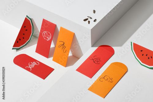 Decoration for Vietnam Tet holiday, also lunar new year. Lucky envelopes for Best wishes.