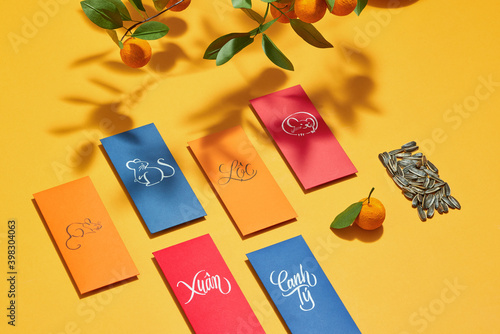 Decoration for Vietnam Tet holiday, also lunar new year. Lucky envelopes for Best wishes.