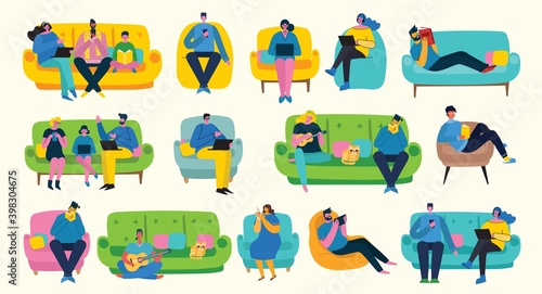 Apartment interior design and resting couple of people