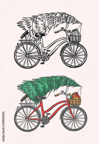 Bicycle with a Christmas tree. Spruce in the luggage of the bike. Delivery concept. Vector illustration for label, badge, logo, postcard or banner. Hand drawn Vintage engraved sketch. 