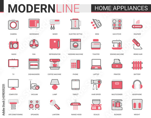 Home appliances flat line icon vector illustration set. Red black thin linear symbols for house cleaning, kitchen or bathroom household items, hair body care and electronic gadgets outline collection