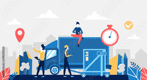 Warehouse wholesale logistic center vector illustration. Cartoon worker people in clearance process, load boxes to cargo courier truck in storehouse, work in distribution delivery service background