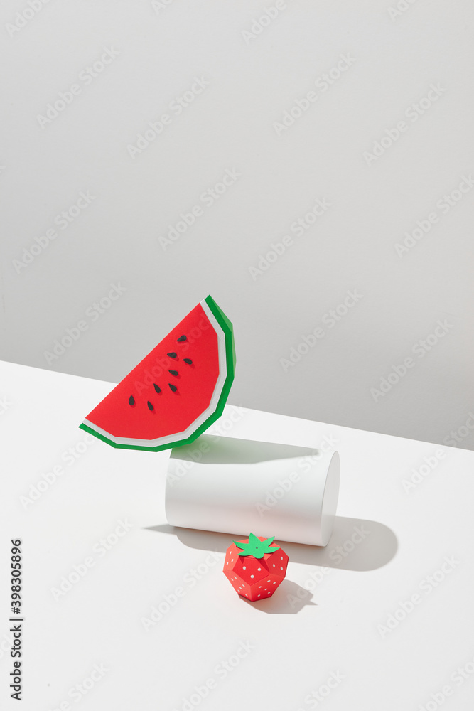 Fruit made of paper. Watermelon and strawberry. Fruit made of paper. Watermelon and strawberry.