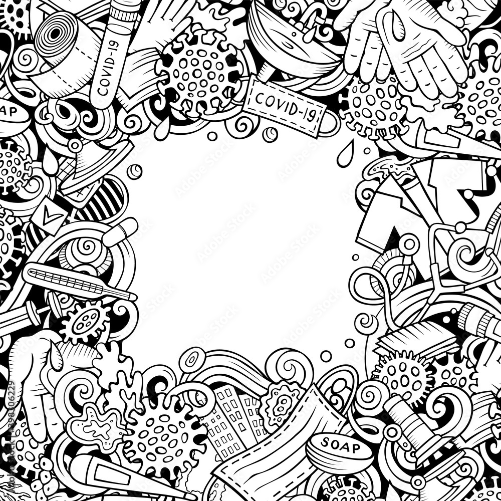 Coronavirus hand drawn raster doodles border Coronavirus hand drawn raster doodles border