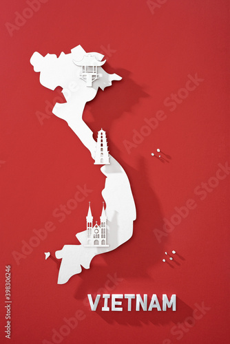 Vietnam map and Landmarks in travel and tourist attraction made from paper