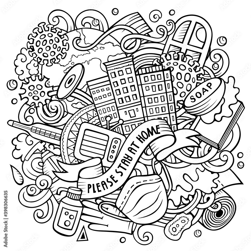 Cartoon raster doodles Please, Stay at Home illustration. Cartoon raster doodles Please, Stay at Home illustration.