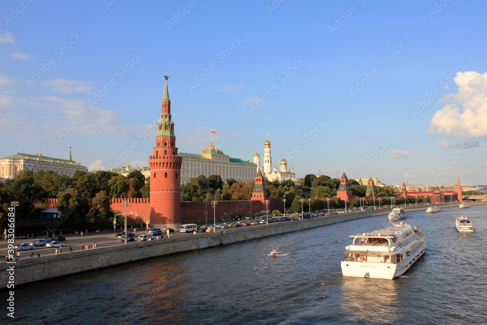 View of the Moscow river with ships and old buildings