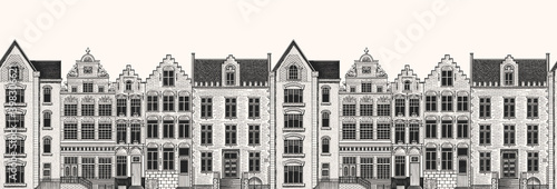 Amsterdam houses seamless pattern. Urban residential buildings. Scandinavian style. European city. Hand drawn monochrome doodle vector illustration  photo