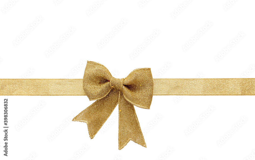 Fototapeta premium Golden satin bow and ribbon isolated cutout on white background