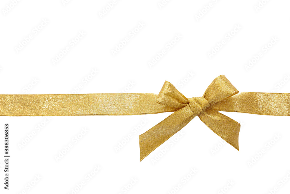 Golden satin bow and ribbon isolated cutout on white background