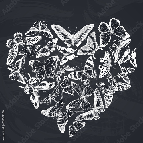 Heart design with chalk octauius swordtail, great orange-tip, emerald swallowtail, plain tiger, rajah brooke s birdwing, papilio torquatus, swallowtail butterfly
