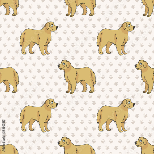 Hand drawn cute golden retriever breed dog seamless vector pattern. Purebred pedigree dog domestic dog on paw background. Dog lover toy spaniel pet all over print. Kennel pooch. EPS 10. 