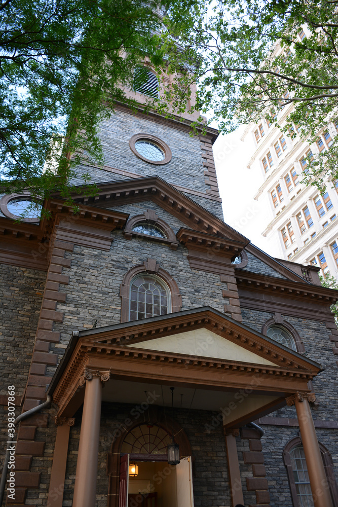 New York, NY, USA - JUNE 2, 2019: Saint Paul's Chapel of Trinity Church near Wall Street