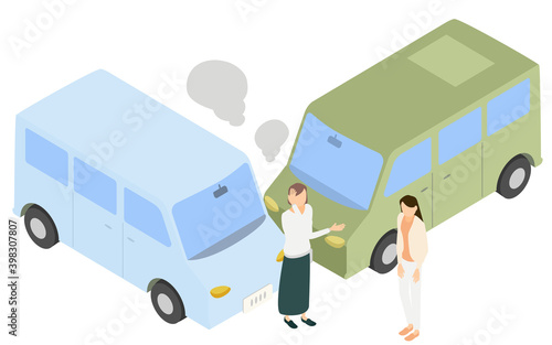 アイソメトリック、乗用車の衝突事故で怒るドライバーと謝るドライバー