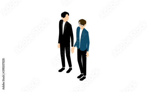 アイソメトリック、手を繋いで歩く二人の男性