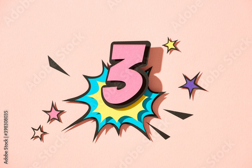 Three. Number 3 in style of comics, pop art