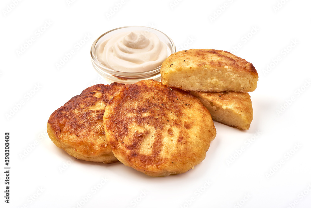 Fried potato pancakes, isolated on white background Fried potato pancakes, isolated on white background