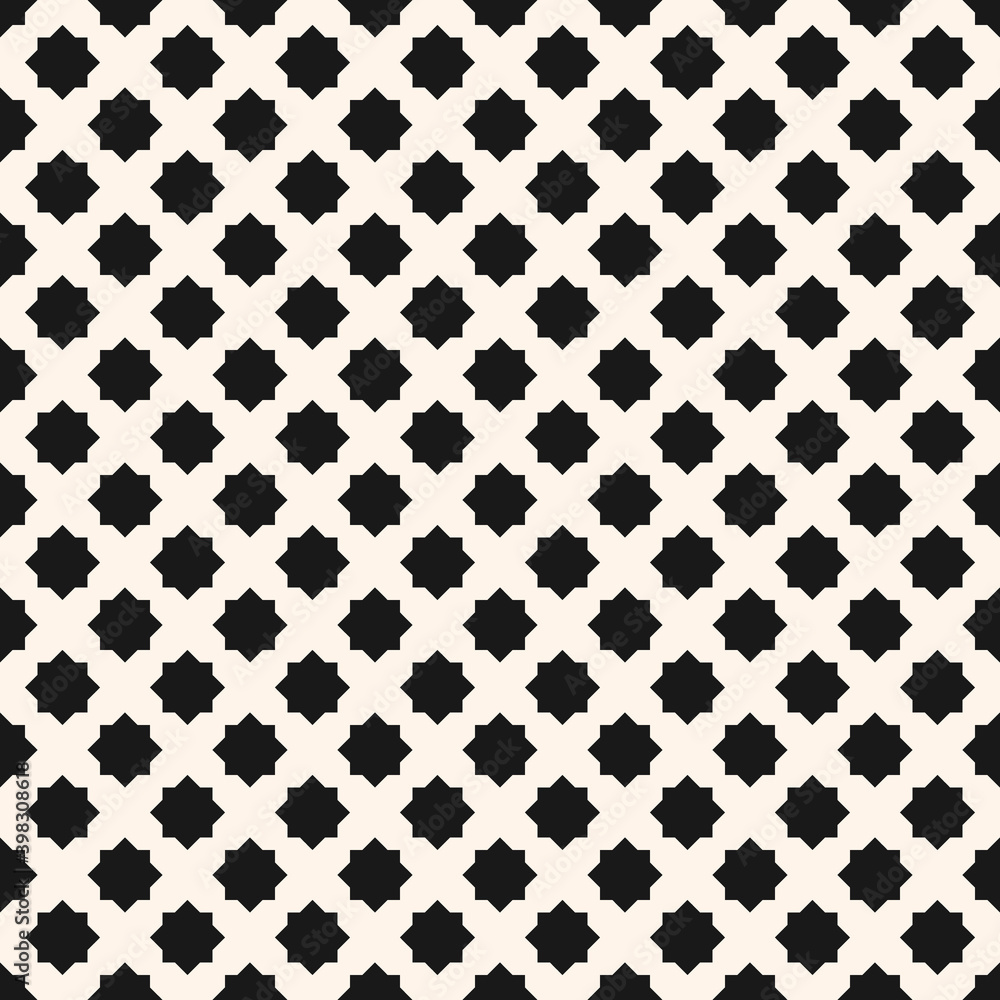 Abstract geometric floral seamless pattern. Simple vector black and white geometrical ornament with flower shapes, small eight-pointed stars. Monochrome background texture. Repeat design for print Abstract geometric floral seamless pattern. Simple vector black and white geometrical ornament with flower shapes, small eight-pointed stars. Monochrome background texture. Repeat design for print