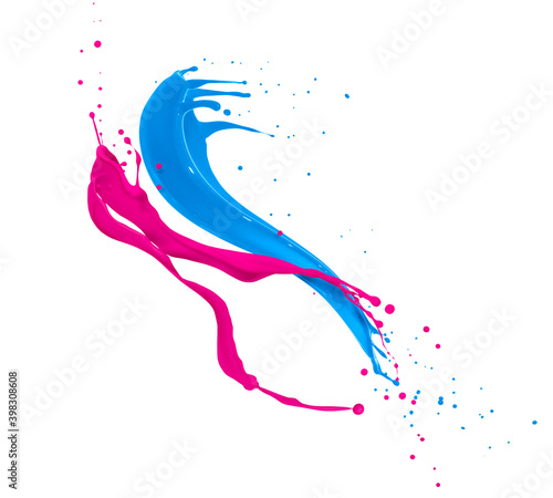 Splashes of blue and pink paint isolated on white background