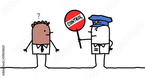 Cartoon Policeman Controlling a Black Skin Man