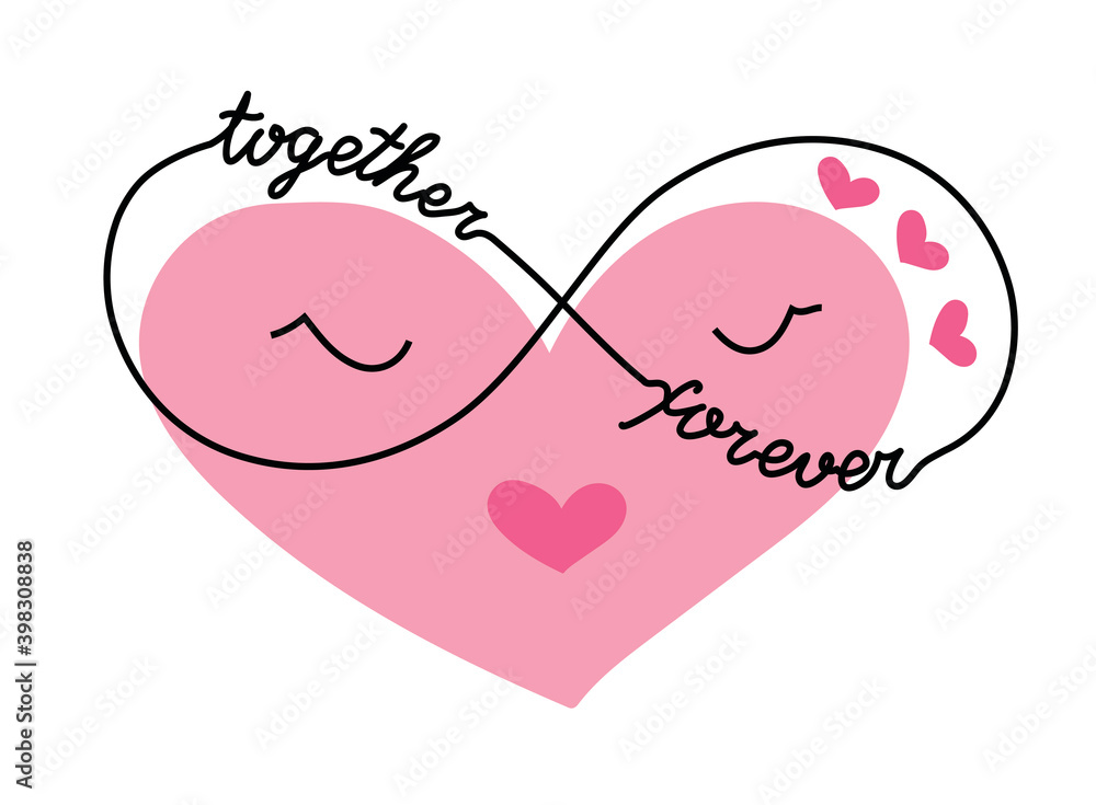 Cute cartoon heart with infinity symbol. Love pink icon for Valentine day. One continuous line art drawing of cute heart in glasses with lettering together forever.