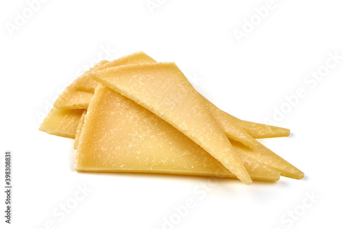 Parmesan Cheese slices, isolated on white background