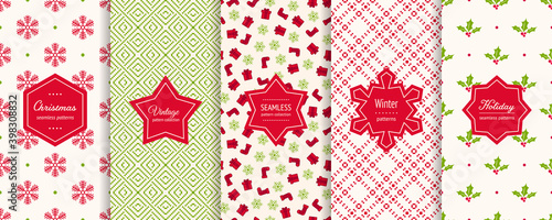 Christmas seamless patterns collection. Vector set of winter holiday background swatches. Modern textures with snowflakes, mistletoes, gifts, nordic ornaments. Stylish labels. Elegant design for decor