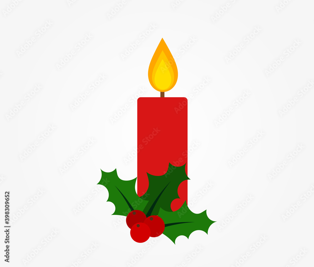 Christmas red candle and holly berries.