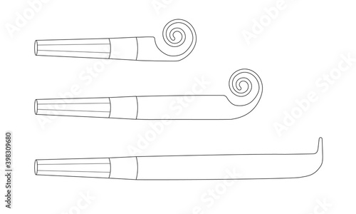 Outline party blowers, horns, noise makers, sound whistles isolated on white background. Rolled and unrolled objects, side view. Vector cartoon illustration.