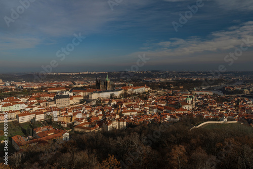 Prague from Petrin tower in autumn sunny color day