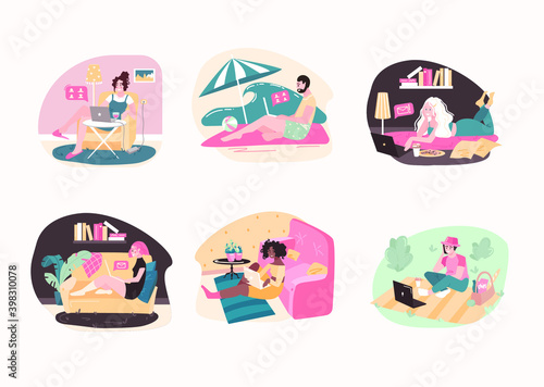 Freelance people work in comfortable conditions set vector flat illustration. Freelancer character working from home or beach at relaxed pace, convenient workplace. Man and woman self employed concept