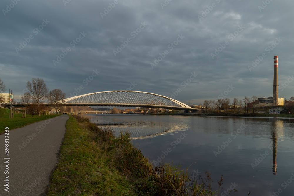 Fototapeta premium New Trojsky bridge in Prague Holesovice part of capital in autumn afternoon