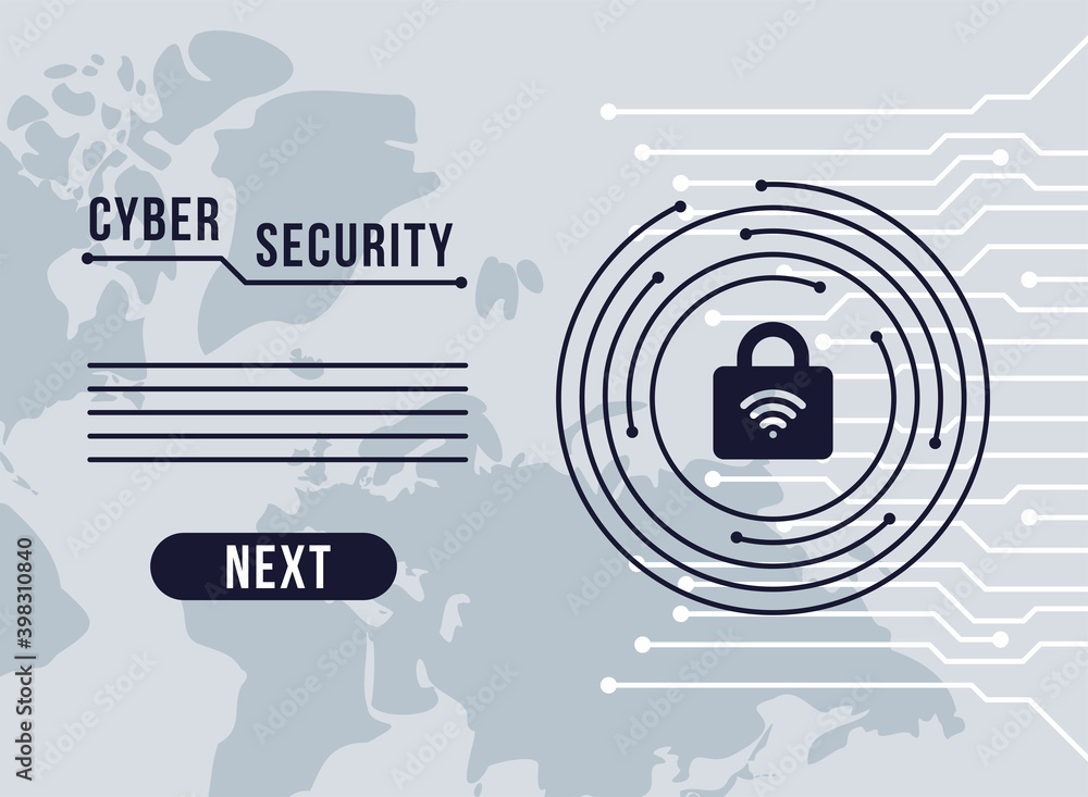 cyber security infographic with padlock and wifi signal in circuit ...