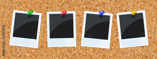 Photos with pins on bulletin board. Banner