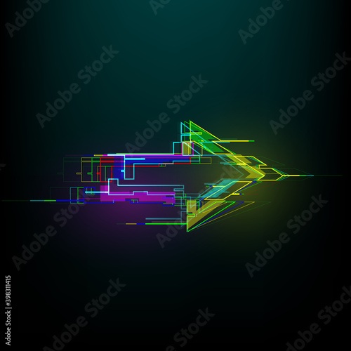 Futuristic glitch right arrow in cyberpunk style. Modern glowing direction pointer with distortion effect. Good for design promo electronic music events, games, banners, web. Vector illustration